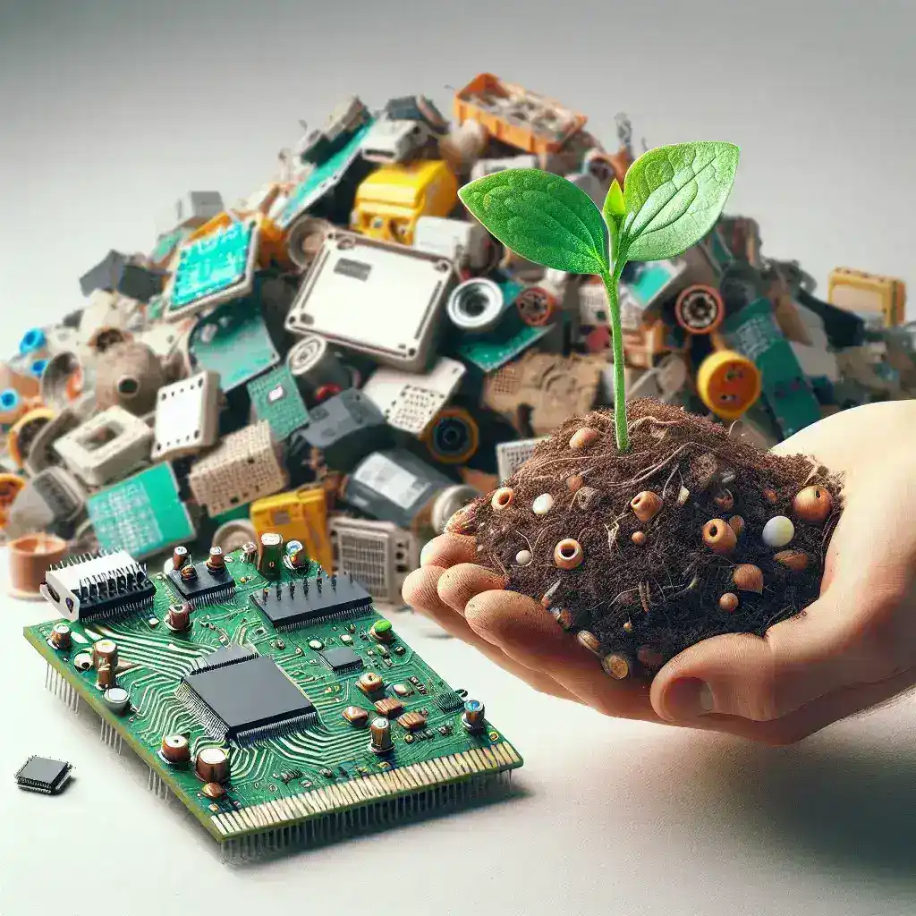 "Imagen de un dispositivo de electrónica biodegradable en un entorno natural, destacando soluciones innovadoras para reducir residuos tecnológicos y su impacto ambiental."