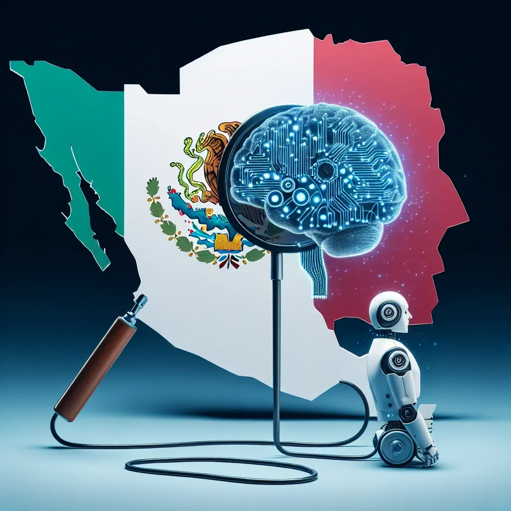 "Imagen de un panel de expertos discutiendo la regulación de la inteligencia artificial en México, con gráficos y datos sobre políticas tecnológicas en el fondo - Artículo sobre 'México Avanza en la Regulación de la Inteligencia Artificial: Un Análisis Profundo'."