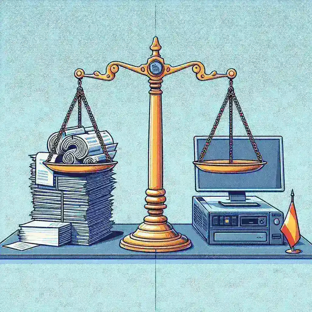 "Imagen de la presentación del plan del Gobierno español que destina 500 millones para la digitalización de la administración de justicia, mostrando a funcionarios y expertos en tecnología discutiendo iniciativas de modernización judicial."