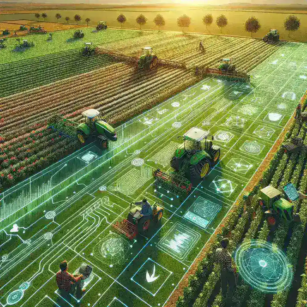"Imagen de agricultores en un campo de Andalucía utilizando tecnología de inteligencia artificial para optimizar prácticas agrícolas en el nuevo proyecto de agricultura inteligente lanzado por la Junta de Andalucía."