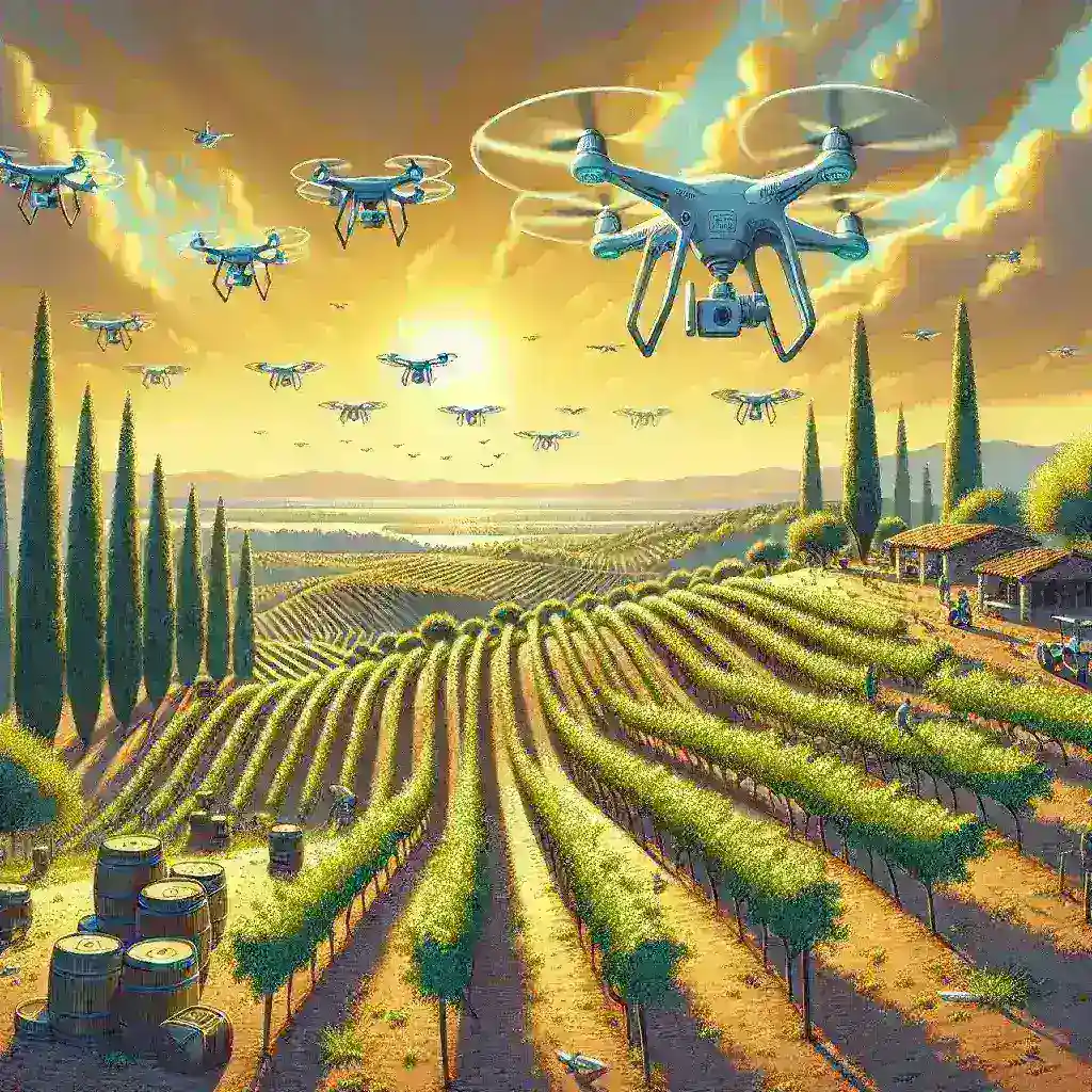 "Drone equipped with artificial intelligence monitoring vineyards for pest control in the Spanish agri-food sector."